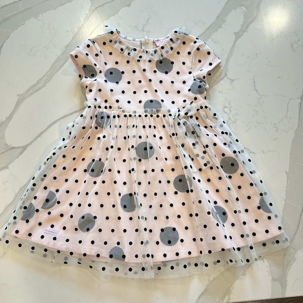 American Girl Light Pink Dress with Black Polkadots and Tulle Overlay